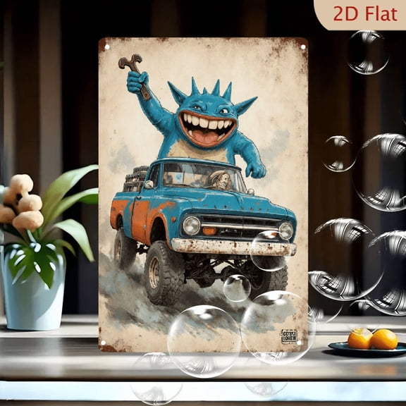 Retro Blue Monster Driving Truck Wall Art, 8x12 Inches Vintage Metal Tin Sign with Whimsical Character and Dusty Road Background, Rustic Home Decor for Garage or Man Cave