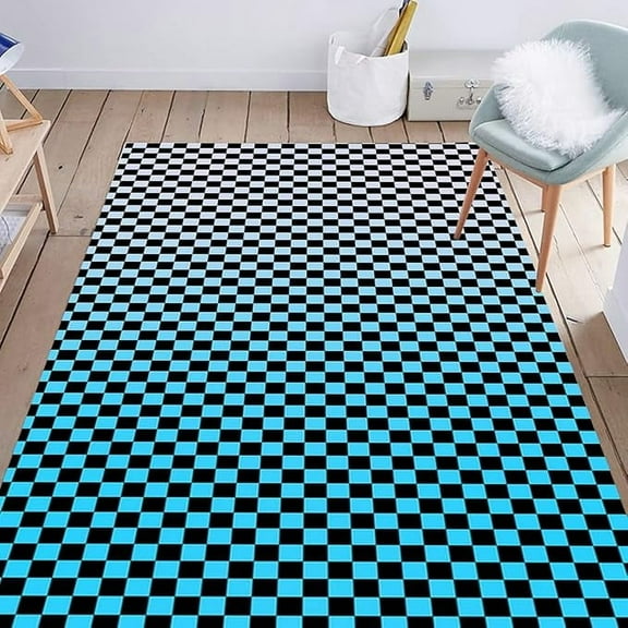 Retro Blue Ombre Checkered Pattern Area Rug For Living Room Bedroom Soft Checkerboard Carpet Under Dining Table Indoor Floor Cover Mats Home Office Runner Rug 2 x 3ft
