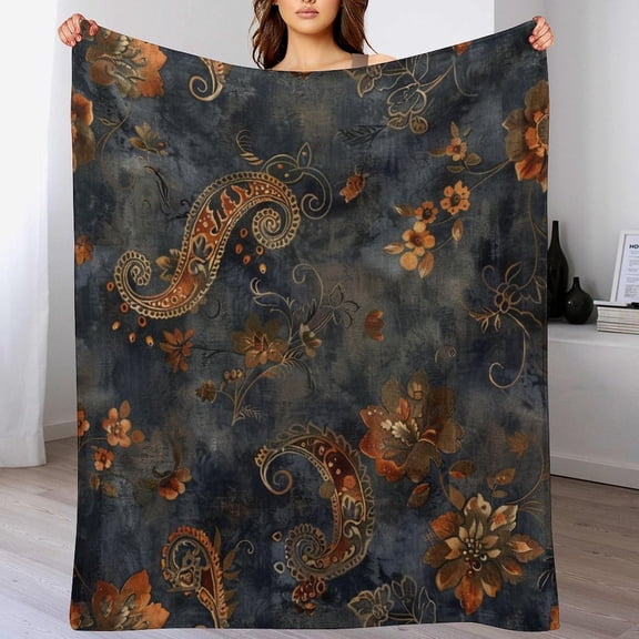 Retro Blue Paisley Floral Throw Blanket, Soft Cozy Warm Flannel Rustic Boho Flower Botanical Blanket for Couch Sofa Bed, 30"x40"
