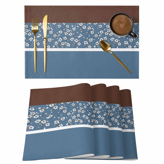 Retro Blue Placemats Set of 2, Brown Floral Striped Pattern Stitching Art Non-Slip Place Mats Washable Table Mats for Kitchen Dining Table Decorations Indoor/Outdoor