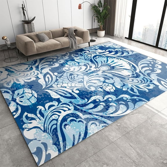 Retro Blue Print Area Rug Geometric Country Style Living Room Rugs, Machine Washable Non Slip Abstract Classic Elements Carpet for Living Room Bedroom Kitchen Entryway Floor Mat 3x4ft
