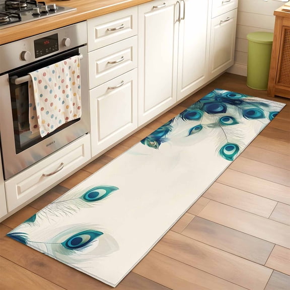 Retro Blue Runner Rug for Hallway 2x6ft, Green Peacock Feathers Abstract Art Non Slip Floor Mat Washable Low-Profile Indoor Carpet for Living Room, Bedroom, Dining Room