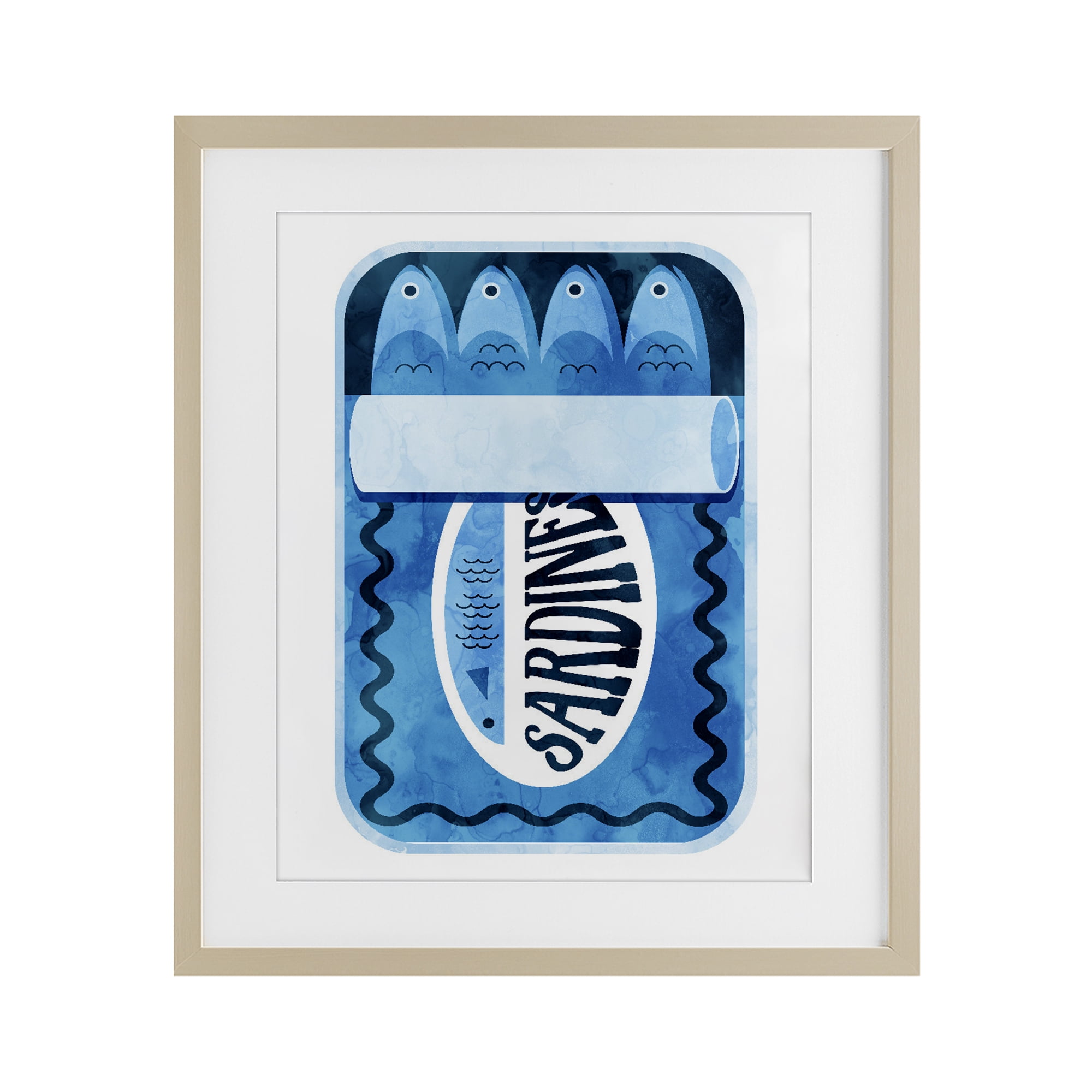 Retro Blue Sardine Tin Birch Framed Print Under Glass, design by Daphne Polselli