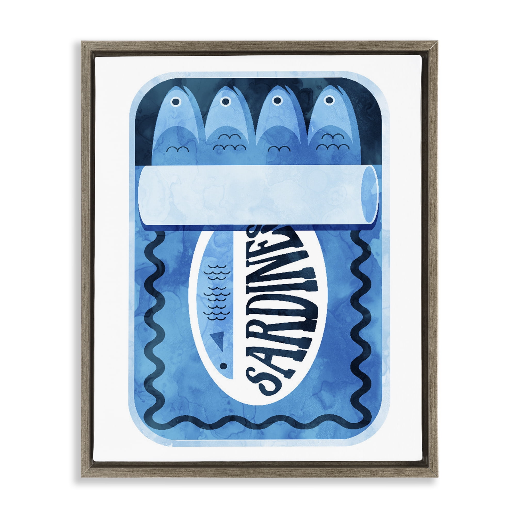Retro Blue Sardine Tin Brown Framed Floater Canvas Wall Art, design by Daphne Polselli