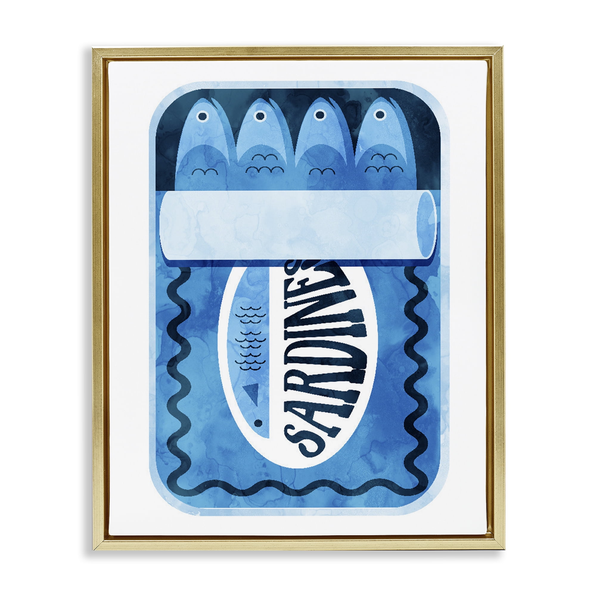 Retro Blue Sardine Tin Gold Framed Floater Canvas Wall Art, design by Daphne Polselli