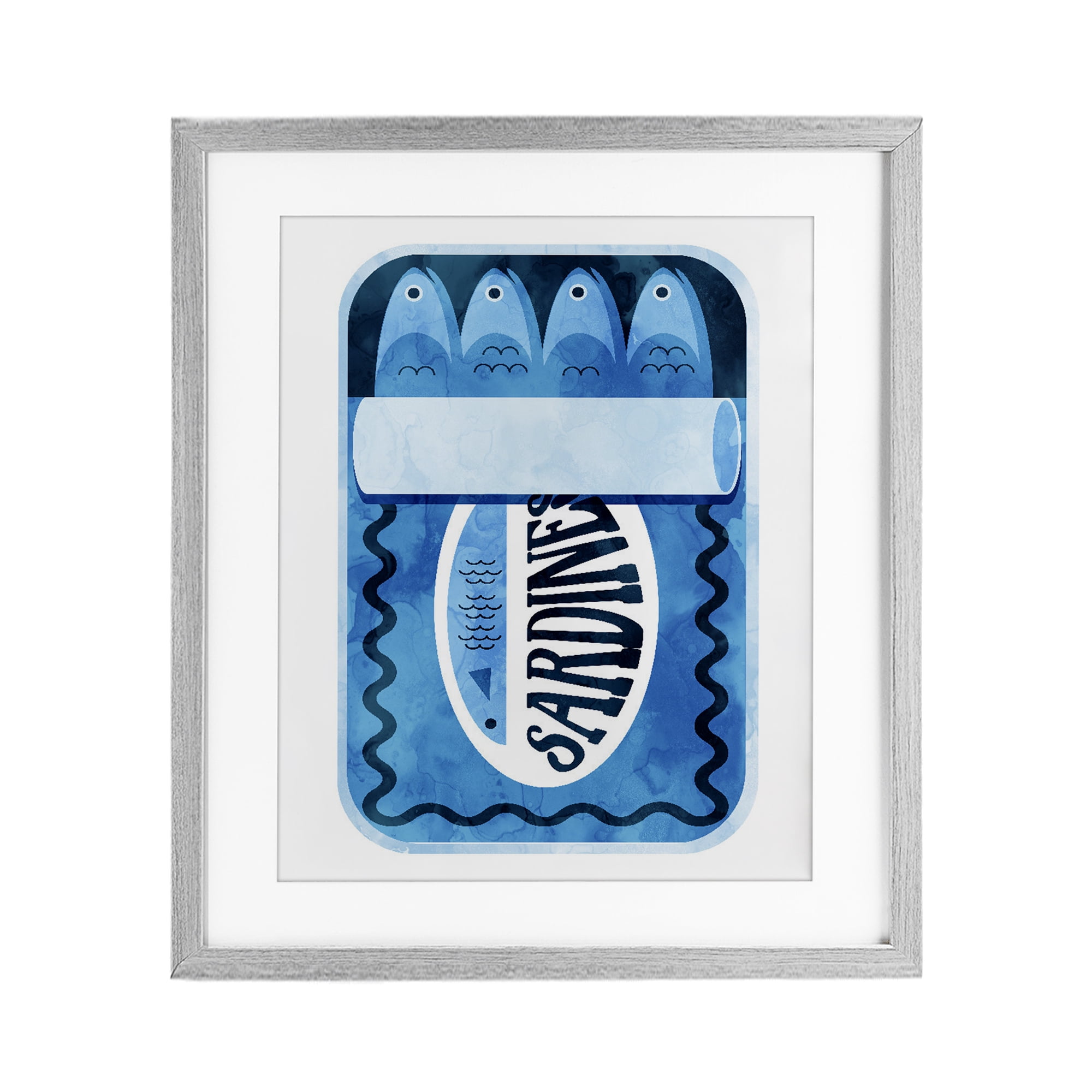 Retro Blue Sardine Tin Gray Framed Print Under Glass, design by Daphne Polselli