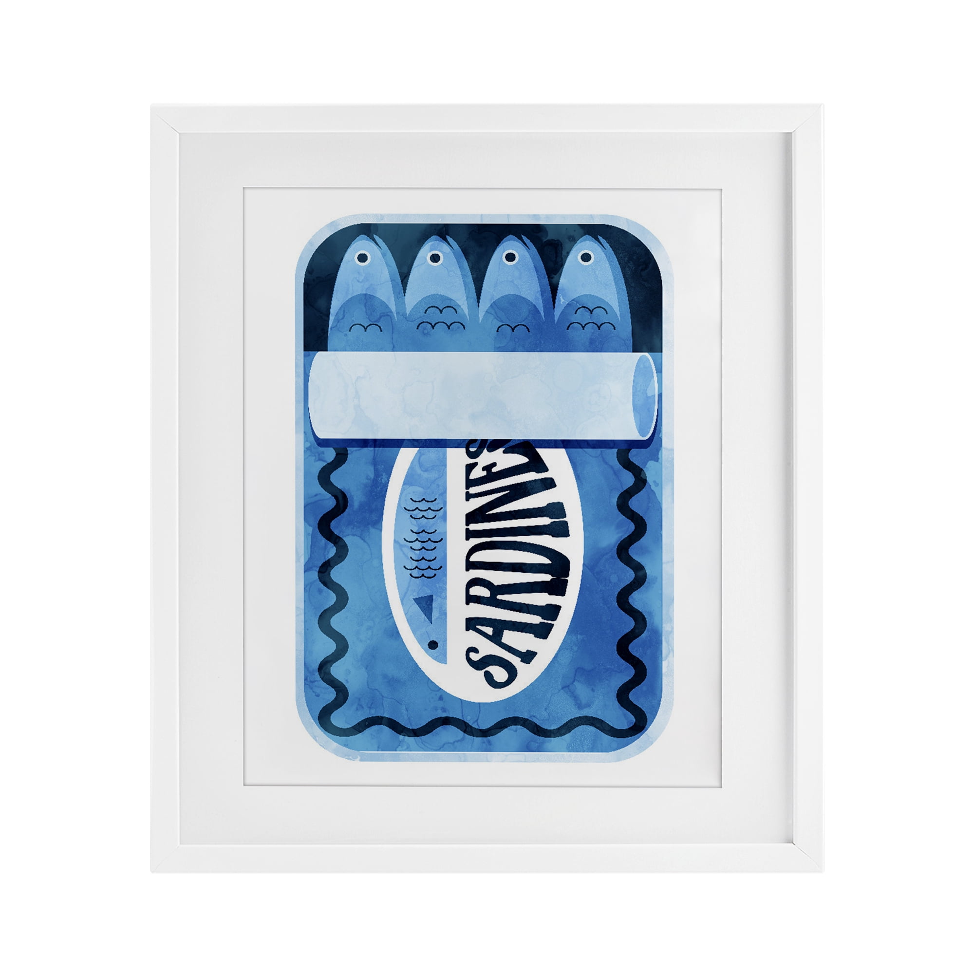 Retro Blue Sardine Tin White Framed Print Under Glass, design by Daphne Polselli