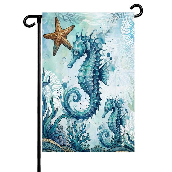 Retro Blue Seahorse Garden Flag 12x18 Inch Starfish Coral Marine Life Ocean Double Sided Small Decorative Garden Flags for Outside, Outdoor Yard Porch Lawn Decoration