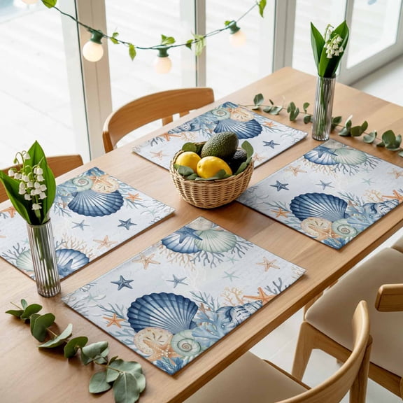 Retro Blue Seashells Starfish Coral Placemats Set of 4,Wipeable Washable Table Mats for Dining Tables, Underwater World Place Mats for Kitchen Event Party Tabletop Decor