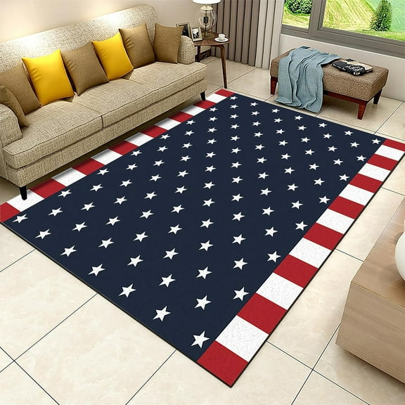 Retro Blue Stars and Stripes Area Rug, American Flag Living Room Rugs, Indoor Non-Slip Rugs, Washable Durable Carpet for Front Entrance Floor Decor 5x6ft