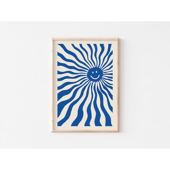 Retro Blue Sunshine Smiley Print, Unframed Paper Poster 8x10in