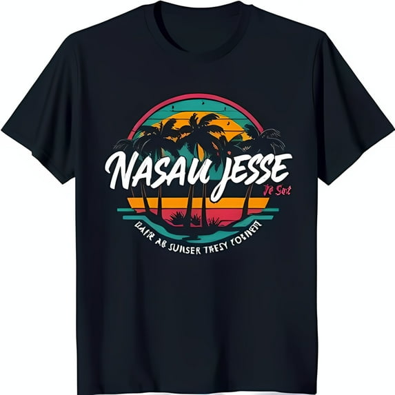 Retro Blue T-Shirt with Colorful Sunset Graphic & 'Nassau Jesse' Text