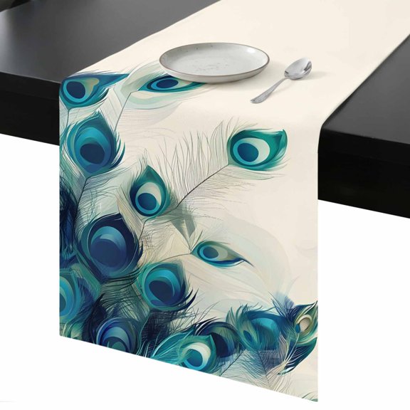 Retro Blue Table Runner 13x48 Inch Green Peacock Feathers Abstract Art Table Runner Non-Slip Dresser Scarves for Holiday Decorations, Party, Dinner and Gatherings, 1 Pack