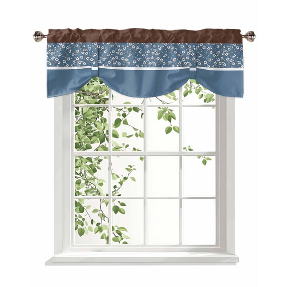Retro Blue Tie Up Valances Curtain, Adjustable Kitchen Brown Floral Striped Pattern Stitching Art Valances for Windows Decor, Rod Pocket Short Curtains Set for Bedroom/Bathroom, 60"x18"