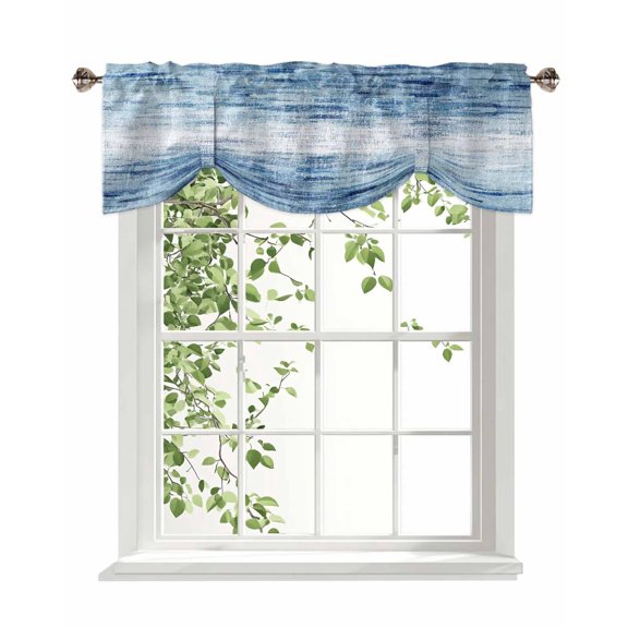 Retro Blue Tie Up Valances Curtain, Texture Abstract Modern Ombre Kitchen Valances for Windows Decor, Rod Pocket Short Curtains Set for Bedroom/Bathroom, 42"x18"