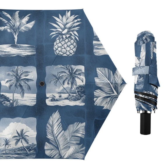 Retro Blue Tropical Trees Pineapples All Weather Umbrella Triple Folding Parasol 6 Ribs UV Protection Portable