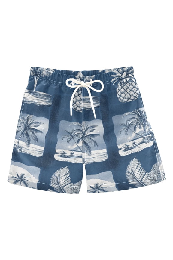 Retro Blue Tropical Trees Pineapples Boys' Swim Trunks Board Shorts Beach Pants Bathing Bottoms L