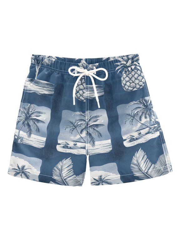Retro Blue Tropical Trees Pineapples Boys' Swim Trunks Board Shorts Beach Pants Bathing Bottoms L