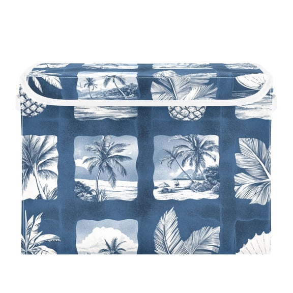 Retro Blue Tropical Trees Pineapples Foldable Storage Bin with Lid and Handle Collapsible Storage Box 16.5 x 12.6 x 11.8 inches