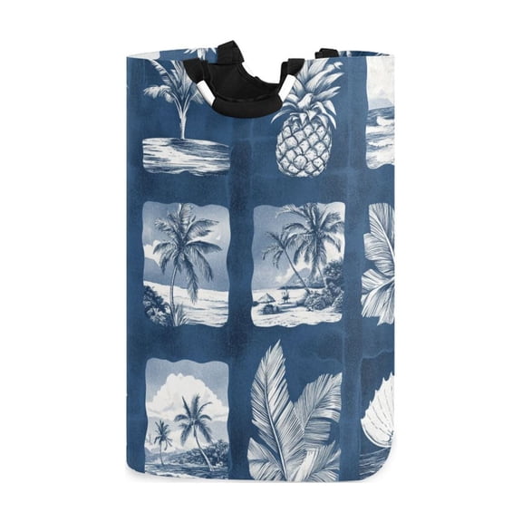 Retro Blue Tropical Trees Pineapples Laundry Basket with Handles Foldable Laundry Hamper Freestanding Washing Bin 50L
