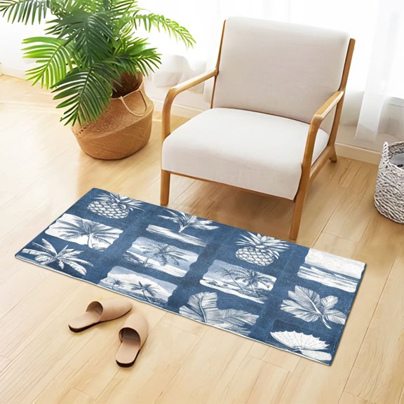 Retro Blue Tropical Trees Pineapples Plush Carpet Non Slip Runner Rug Absorbent Bath Mat 39" x 20"