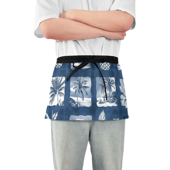 Retro Blue Tropical Trees Pineapples Short Server Apron with 3 Pockets for Unisex Chef Gardening