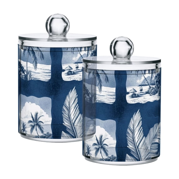Retro Blue Tropical Trees Pineapples Translucent Plastic Cans Storage Canisters with Lid Set of 2