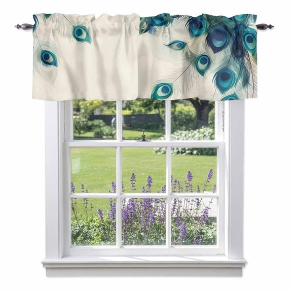 Retro Blue Valances for Windows, Green Peacock Feathers Abstract Art Valance Window Treatment Rod Pocket Short Curtains Valances for Kitchen Bathroom 60"W x 14"L