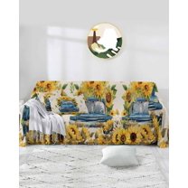 Retro Blue White Truck Sofa Covers for 3 Cushion Couch,Washable Sectional & L Shape Couch Covers for Dogs/Cat/Kid,Sunflower Floral Farmhouse Rustic Leaves Non Slip Sofa Slipcover Futon Cover 71x150