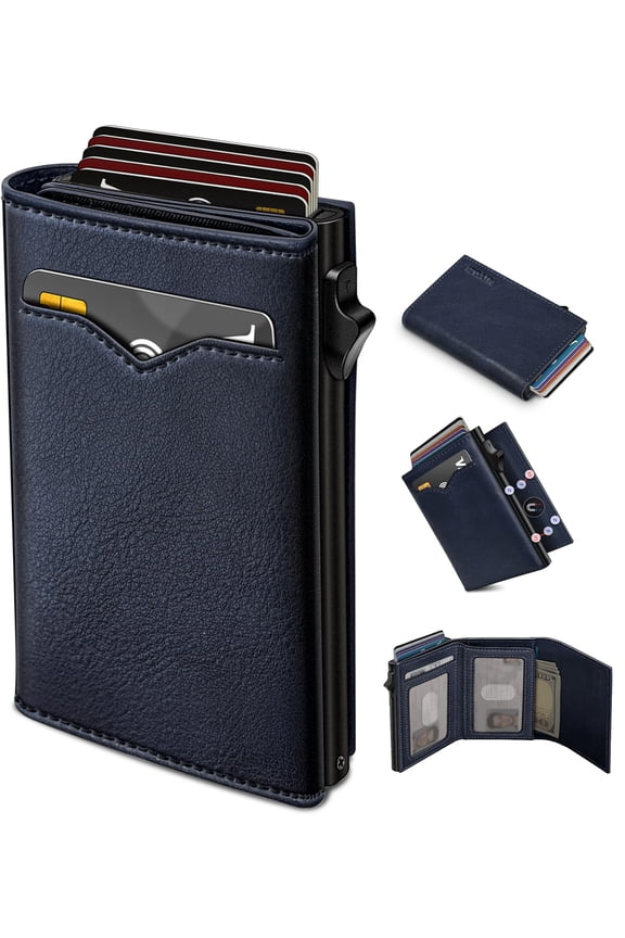 Retro Blue110 Slim Pop Up RFID Blocking Trifold Wallet For Men
