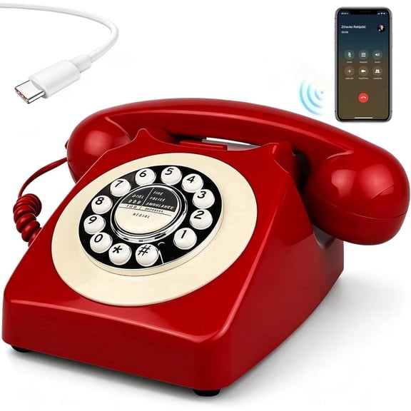 Retro  Landline Phone with Handset, Old Fashioned Rotary Desk Phone, USB Rechargeable Cordless Telephone Connects to Cell Phone for Home Office Bedroom Use (Red)