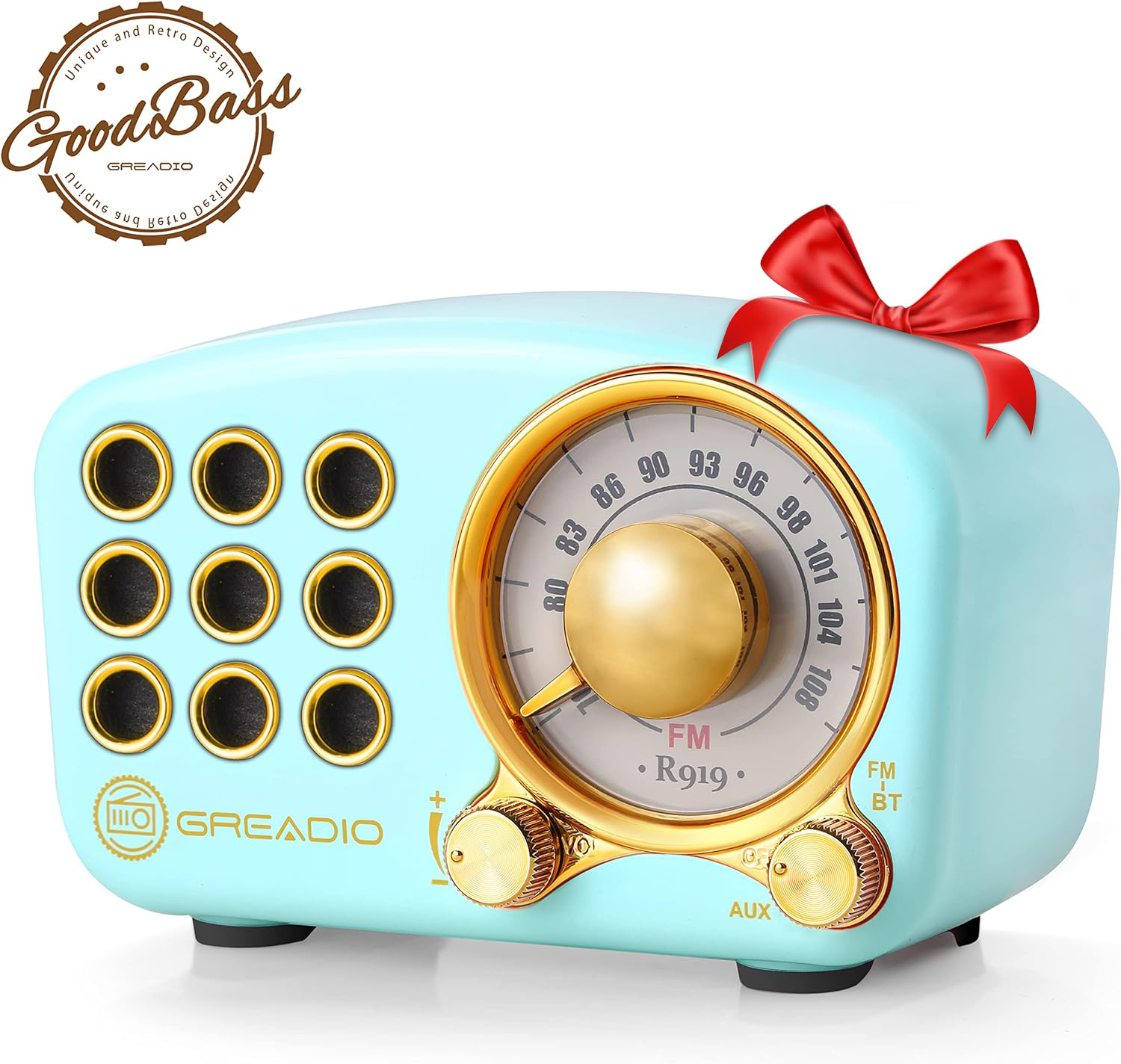 Greadio 919B Bluetooth Portable Battery-Powered FM Radio with Volume Control, Little, Blue, Parties