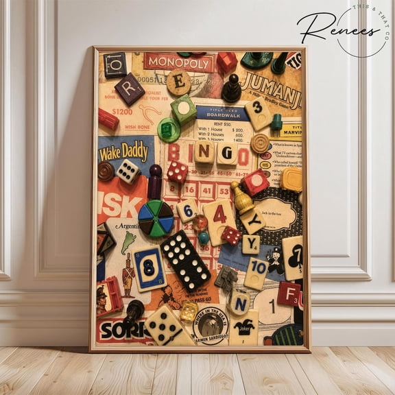 Retro Board Game Collage Art Print Vintage Game Night Wall Decor Family Game Room Artwork Monopoly Bingo Jumanji Print