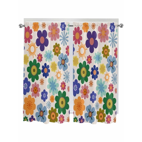 Retro Bohemia Floral Bathroom Window Curtain, Blue Purple Flowers Boho Style Beige Light Filtering Coffee Kitchen Curtains, Bedroom Living Room Curtains 2 Panel 84"x63"