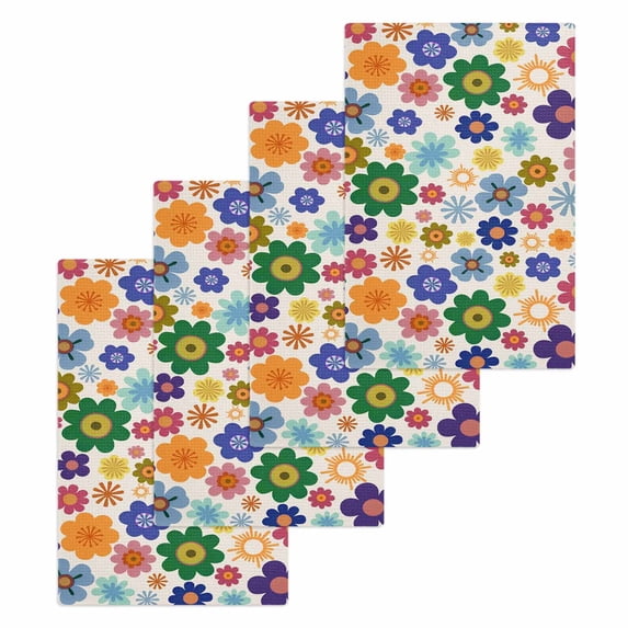 Retro Bohemia Floral Kitchen Dish Towels for Drying Dishes Set of 4, Blue Purple Flowers Boho Style Beige Waffle Weave Microfiber Hand Tea Bathroom Towels Quick Dry & Absorbent Towel 15.7x23.6