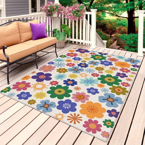 Retro Bohemia Floral Outdoor Rug 4x6 Ft, Non Slip Washable Area Rug, Blue Purple Flowers Boho Style Beige Patio Rugs Carpet Runner, Large Floor Mat for Indoor/Outdoor Deck Porch Camping