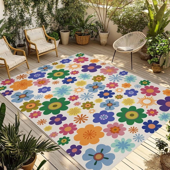 Retro Bohemia Floral Outdoor Rug for Patio/Deck/Porch, Non-Slip Large Area Rug 5 x 7 Ft, Blue Purple Flowers Boho Style Beige Indoor Outdoor Rugs Washable Area Rugs, Camping Rug Carpet Runner