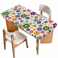 thumbnail image 1 of Retro Bohemia Floral Table Cloths for 5 Foot Rectangle Tables, Blue Purple Flowers Boho Style Beige Patio Waterproof Elastic Fitted Tablecloths, Washable Rectangular Table Cover for Camping, 1 of 8