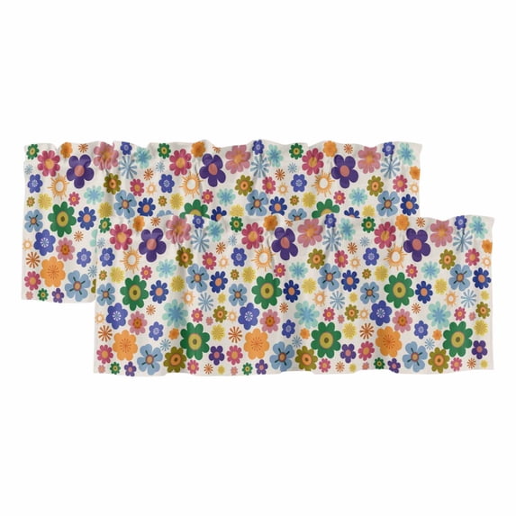 Retro Bohemia Floral Valances for Windows, Decorative Rod Pocket Window Valance Curtains, Blue Purple Flowers Boho Style Beige Short Curtain Drapes for Kitchen/Living Room, 2 Panels, 54" W x 18" L