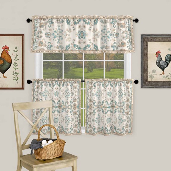 Retro Bohemia Tribal Flower Border Curtain Tier and Valance Set 3 Piece, Western Farmhouse 3-inch Rod Pocket Window Tier Curtains Valance for Kitchen Living Room