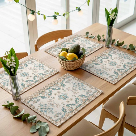 Retro Bohemia Tribal Flower Border Placemats Set of 4,Wipeable Washable Table Mats for Dining Tables, Western Farmhouse Place Mats for Kitchen Event Party Tabletop Decor