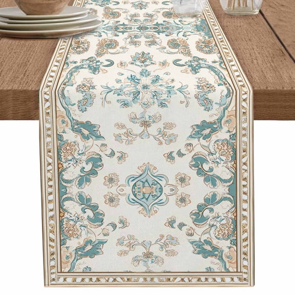 Retro Bohemia Tribal Flower Border Table Runner-36 Inch Long Western Farmhouse Table Runners Linen Burlap Tablerunner for Kitchen Dining Room Holiday Party
