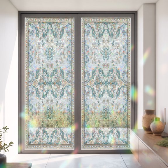 Retro Bohemia Tribal Flower Border Window Privacy Film,Decorative Windows Static Cling Western Farmhouse Heat Control Removable Glass Sticker for Home Bathroom Bedroom Window Door,35x79in