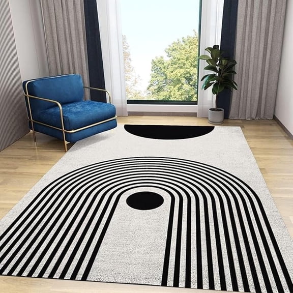 Retro Bohemian Abstract Distressed Medieval Area Rugs, Modern Black And White Arched Geometric Line Art Decorative Rug For Living Room Bedroom Dining Room Office 4x6ft