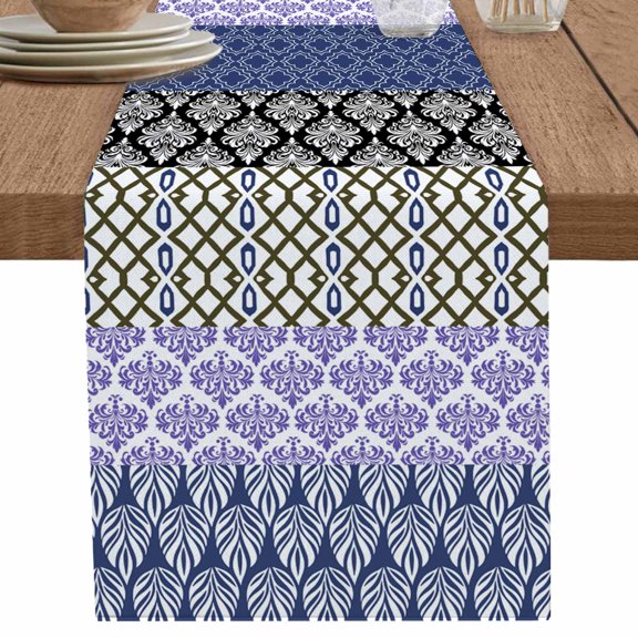 Retro Bohemian Flower Leaves Geometric Table Runner-70 Inch Long Abstract Stripes Table Runners Linen Burlap Tablerunner for Kitchen Dining Room Holiday Party
