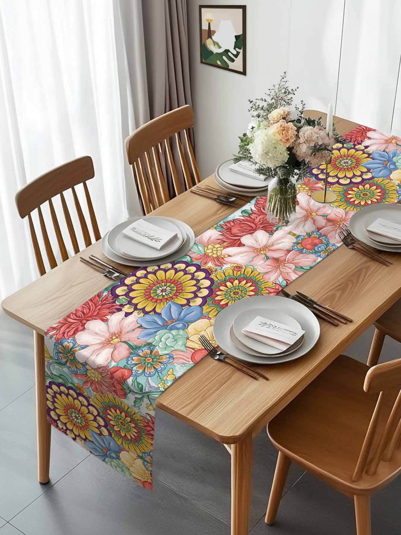 Retro Bohemian Flowers Table Runner 90 Inches Long, Country Floral Art Table Runners Tabletop Scarf Kitchen Dining Tables Decoration for Home Party Indoor Outdoor
