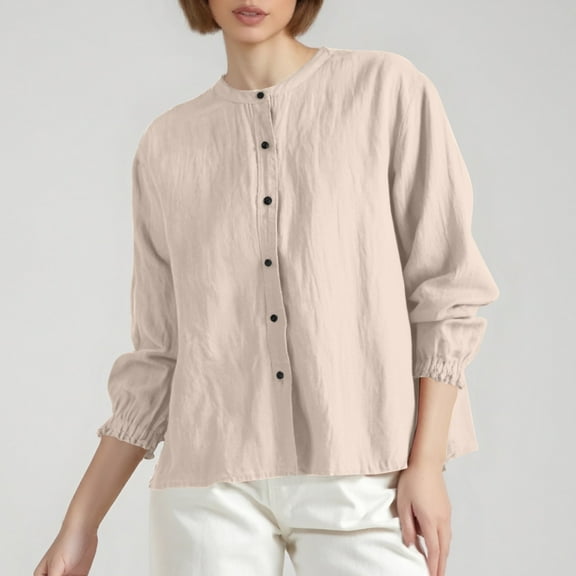 Retro Bohemian Linen Shirt For Women Loose Fit Round Neck Casual Jacket With Sleeves Spring Autumn Fashion Hiking Shirts Women Blank Athletic Shirts Long Sleeve Woman Shirts Short Sleeve Athletic