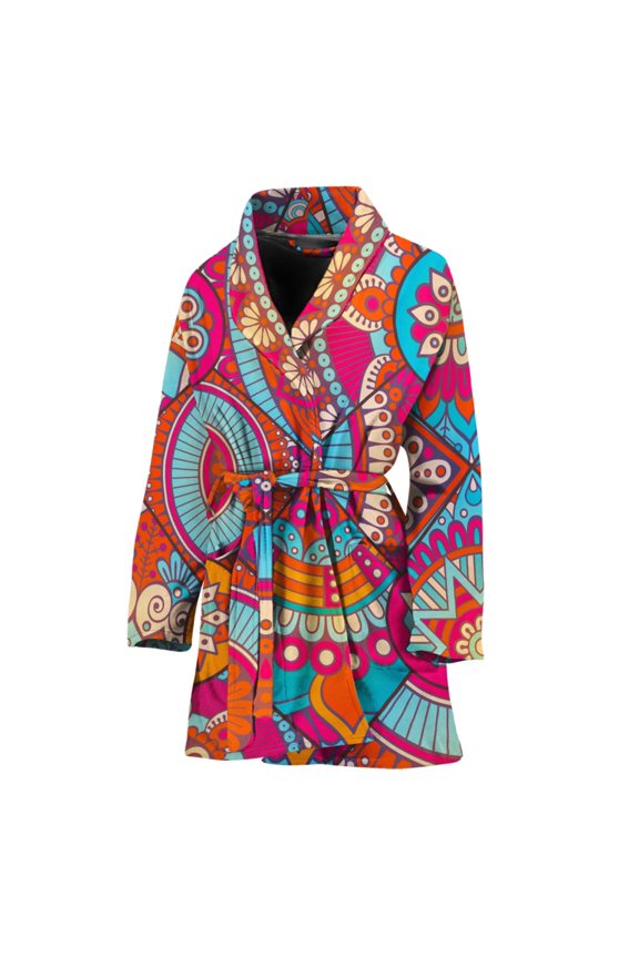 Retro Bohemian Mandala Pattern Women Bathrobe One Size Univeral Fits Fashion Lightweight Plush Fleece Long Robe For Women