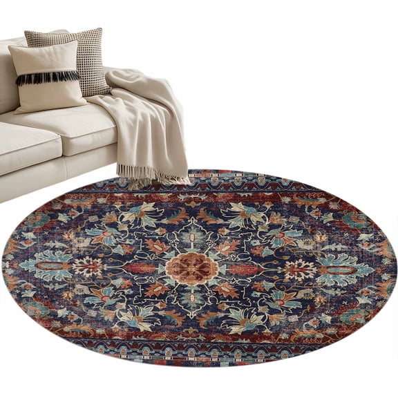 Retro Boho 3ft Area Rug, Rustic Flowers Modern Geometric Abstract Art Washable Non-Slip Small Round Rugs for Entryway Bedroom Kitchen, Soft Circle Carpet for Dining Room, Playroom Nursery Rug