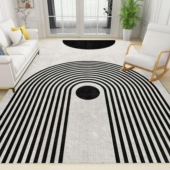 Retro Boho Abstract Distressed Mid-Century Area Rug, Modern Black And White Geometric Line Art Indoor Decorative Rugs, For Room Sofa Living Room Mat Bedroom Home Decor Floor Mats 5' x 7'